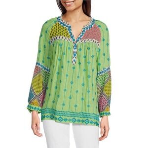 John Mark NWT V-Neck Long Sleeve Woven Multi Patchwork Tunic Green Plus Size 2X